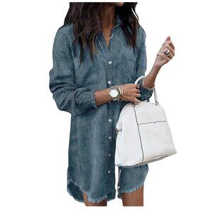 Zilcremo Women Distressed Denim Shirt Dress Long Sleeves in Washed Blue